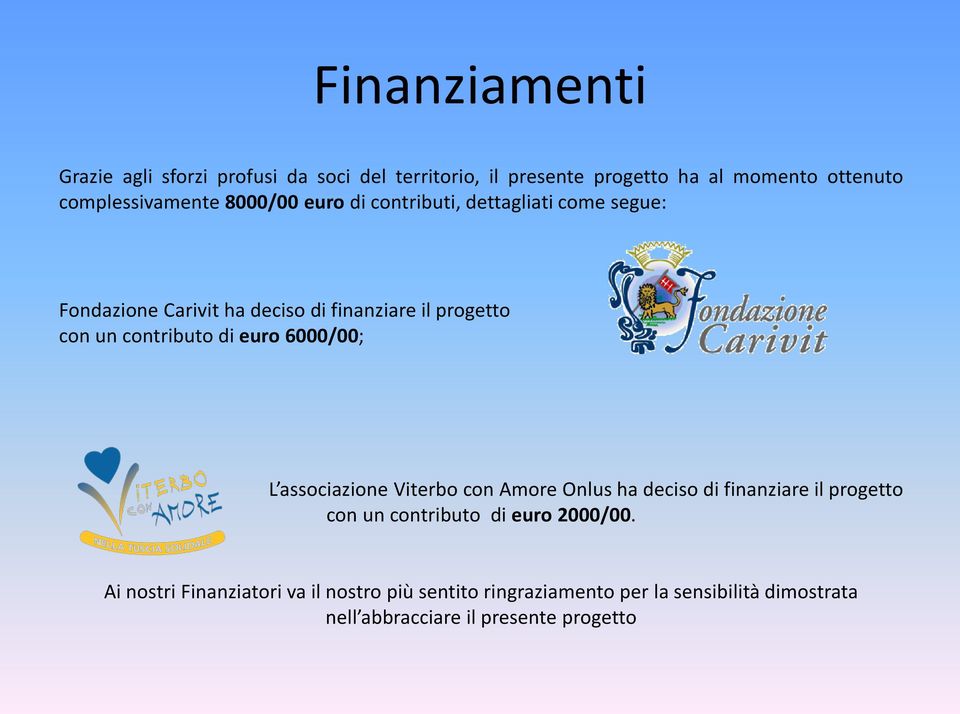 di euro 6000/00; L associazione Viterbo con Amore Onlus ha deciso di finanziare il progetto con un contributo di euro 2000/00.