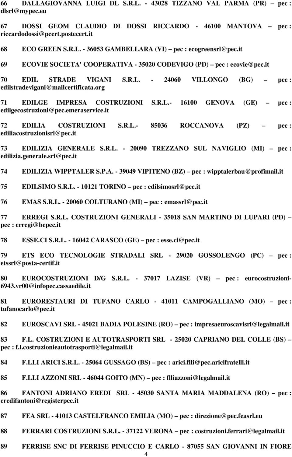 org 71 EDILGE IMPRESA COSTRUZIONI S.R.L.- 16100 GENOVA (GE) pec : edilgecostruzioni@pec.emeraservice.it 72 EDILIA COSTRUZIONI S.R.L.- 85036 ROCCANOVA (PZ) pec : ediliacostruzionisrl@pec.