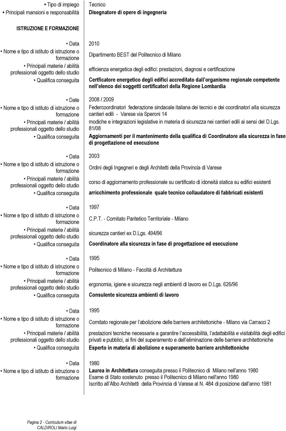 energetico degli edifici accreditato dall organismo regionale competente nell elenco dei soggetti certificatori della Regione Lombardia Date / 2009 Nome e tipo di istituto di istruzione o