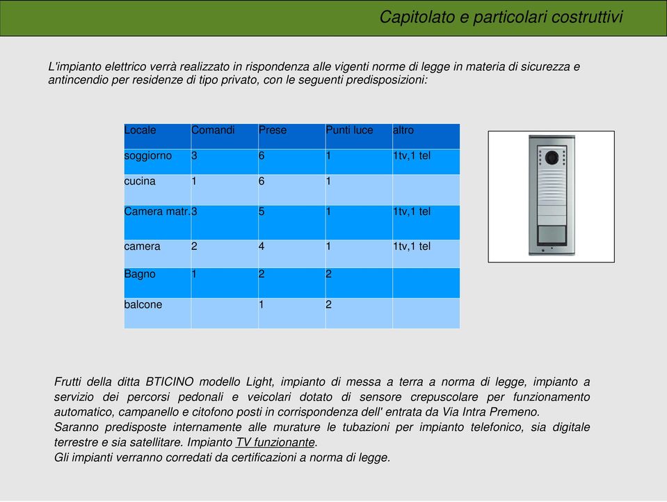 3 5 1 1tv,1 tel camera 2 4 1 1tv,1 tel Bagno 1 2 2 balcone 1 2 Frutti della ditta BTICINO modello Light, impianto di messa a terra a norma di legge, impianto a servizio dei percorsi pedonali e