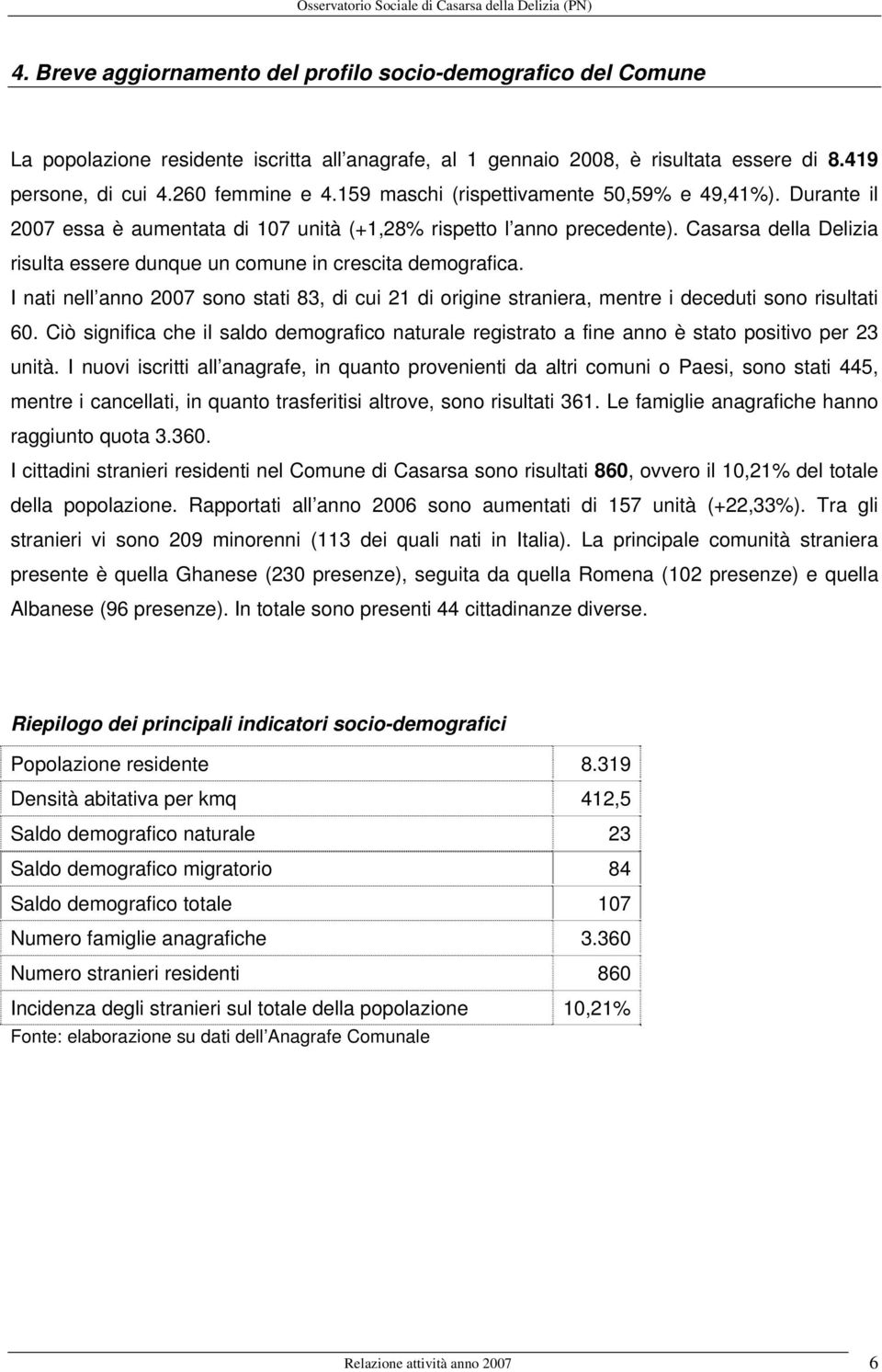 Casarsa della Delizia risulta essere dunque un comune in crescita demografica. I nati nell anno 2007 sono stati 83, di cui 21 di origine straniera, mentre i deceduti sono risultati 60.