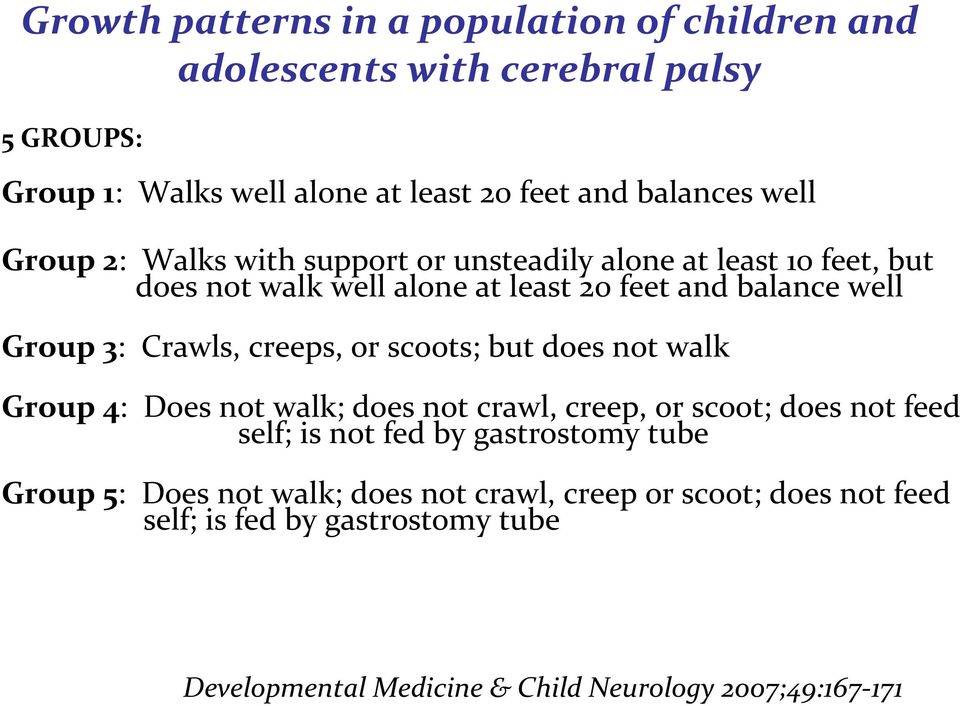 creeps, or scoots; but does not walk Group 4: Does not walk; does not crawl, creep, or scoot; does not feed self; is not fed by gastrostomy tube Group