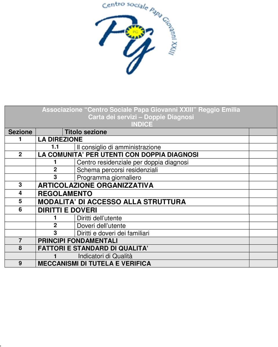 3 Programma giornaliero 3 ARTICOLAZIONE ORGANIZZATIVA 4 REGOLAMENTO 5 MODALITA DI ACCESSO ALLA STRUTTURA 6 DIRITTI E DOVERI 1 Diritti dell utente 2