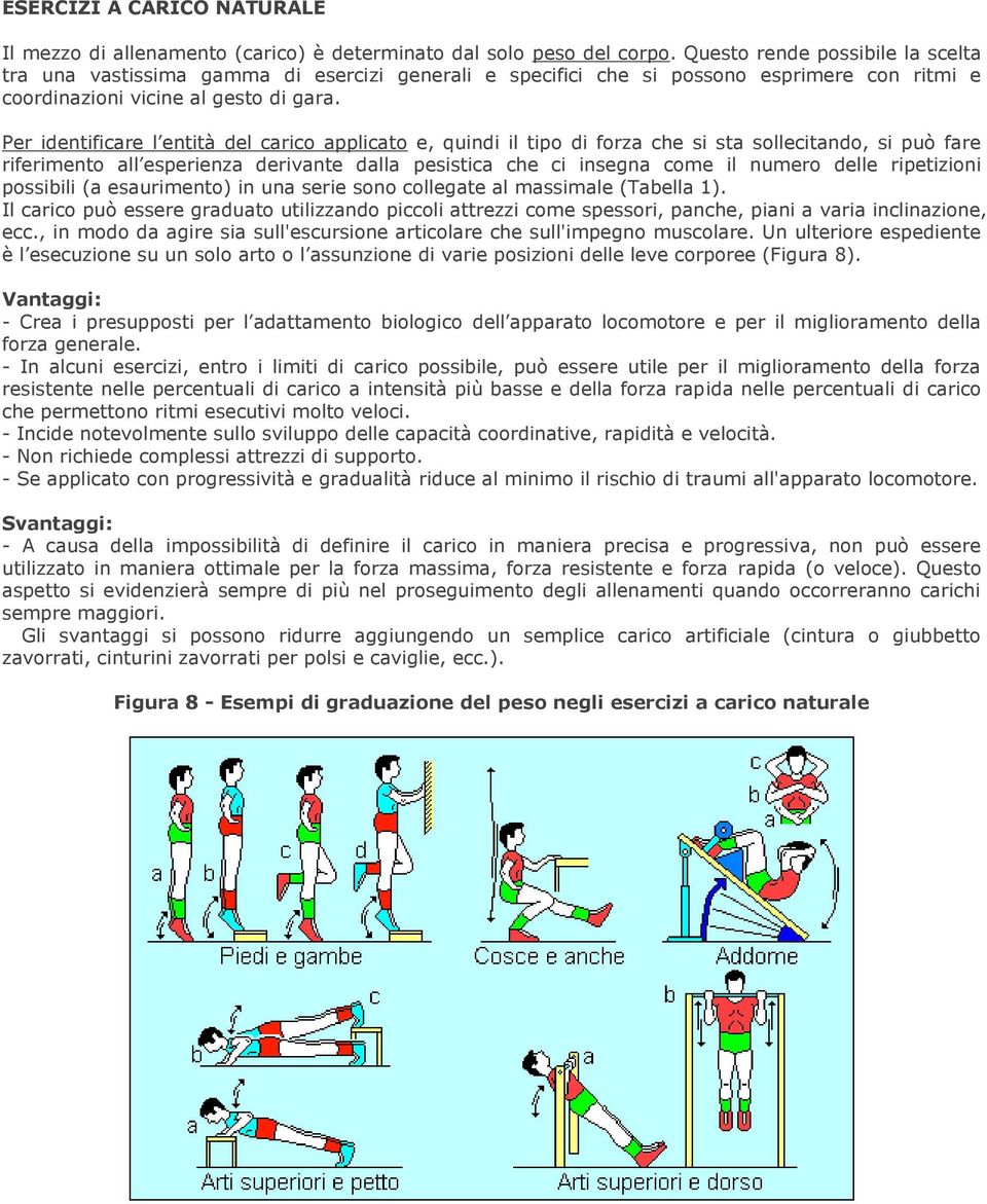 Il carico può essere graduato utilizzando piccoli attrezzi come spessori, panche, piani a varia inclinazione, ecc., in modo da agire sia sull'escursione articolare che sull'impegno muscolare.