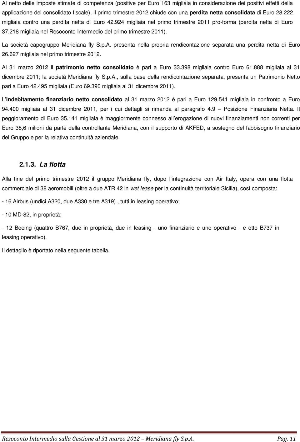 218 migliaia nel Resoconto Intermedio del primo trimestre 2011). La società capogruppo Meridiana fly S.p.A. presenta nella propria rendicontazione separata una perdita netta di Euro 26.