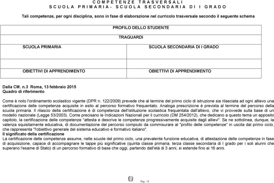 3 Roma, 13 febbraio 2015 Quadro di riferimento Come è noto l'ordinamento scolastico vigente (DPR n.