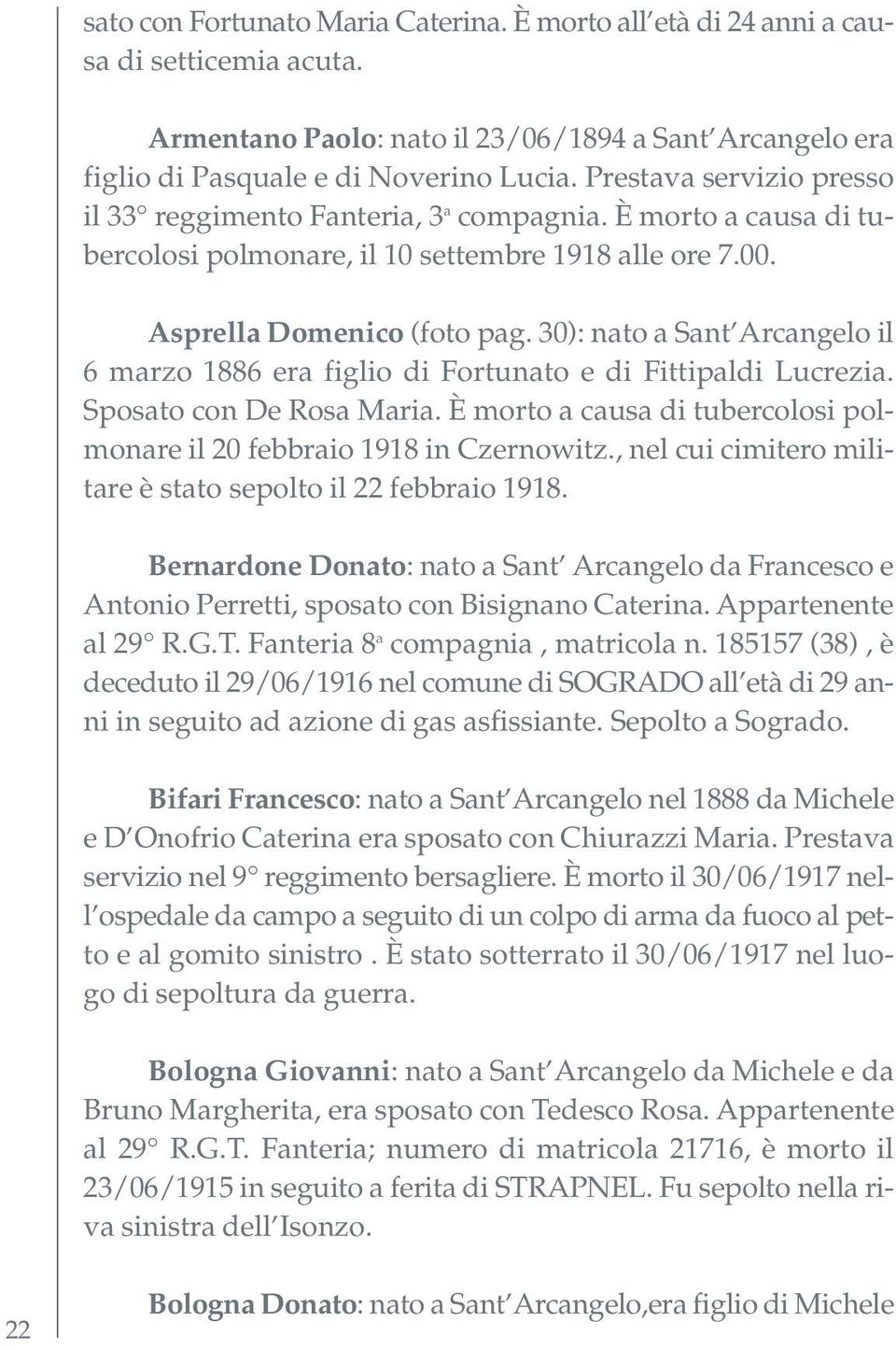 30): nato a Sant Arcangelo il 6 marzo 1886 era figlio di Fortunato e di Fittipaldi Lucrezia. Sposato con De Rosa Maria. È morto a causa di tubercolosi polmonare il 20 febbraio 1918 in Czernowitz.