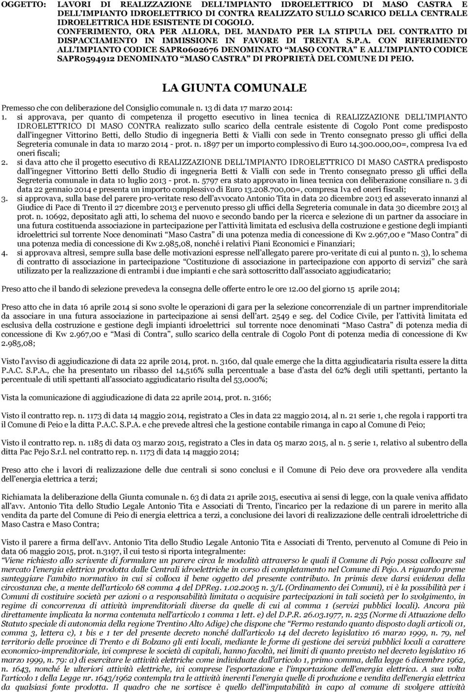 LA GIUNTA COMUNALE Premesso che con deliberazione del Consiglio comunale n. 13 di data 17 marzo 2014: 1.