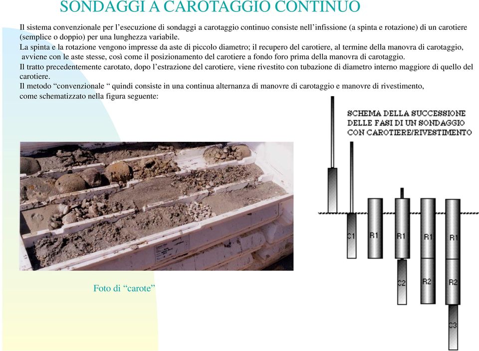 La spinta e la rotazione vengono impresse da aste di piccolo diametro; il recupero del carotiere, al termine della manovra di carotaggio, avviene con le aste stesse, così come il posizionamento del