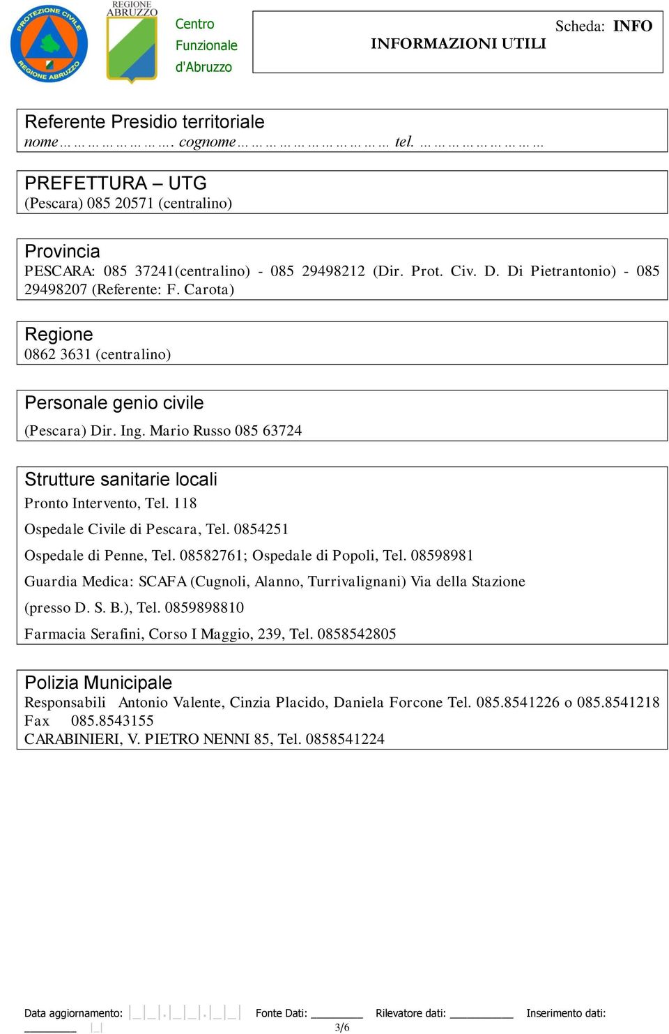 Mario Russo 085 63724 Strutture sanitarie locali Pronto Intervento, Tel. 118 Ospedale Civile di Pescara, Tel. 0854251 Ospedale di Penne, Tel. 08582761; Ospedale di Popoli, Tel.