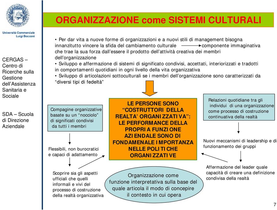 e tradotti in comportamenti quotidiani in ogni livello della vita organizzativa Sviluppo di articolazioni sottoculturali se i membri dell organizzazione sono caratterizzati da diversi tipi di fedeltà