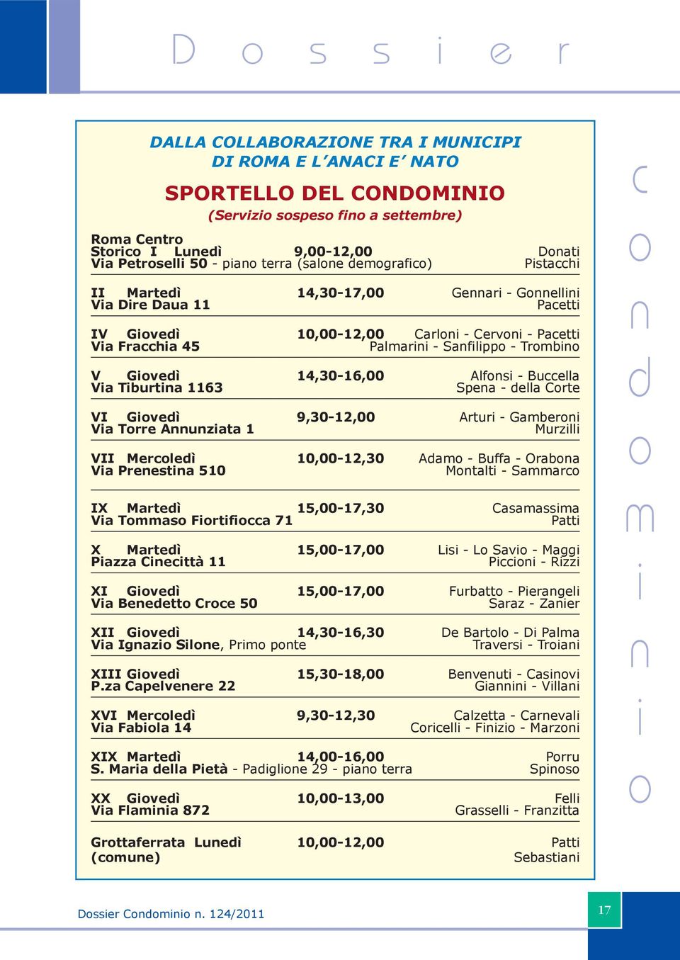 VI Gveì 9,30-12,00 Artur - Gaber Va Trre Auzata 1 Murzll VII Merleì 10,00-12,30 Aa - Buffa - Oraba Va Preesta 510 Mtalt - Saar IX Marteì 15,00-17,30 Casaassa Va Tas Frtfa 71 Patt X Marteì 15,00-17,00