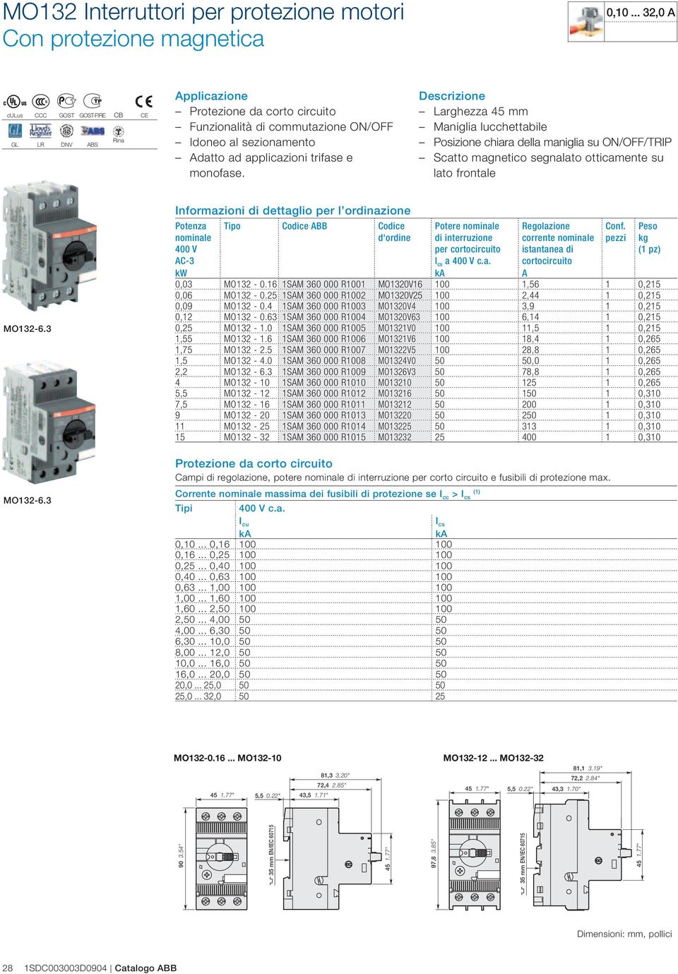 monofase. Descrizione Larghezza 45 mm Maniglia lucchettabile Posizione chiara della maniglia su ON/OFF/TRIP Scatto magnetico segnalato otticamente su lato frontale MO132-6.3 MO132-6.