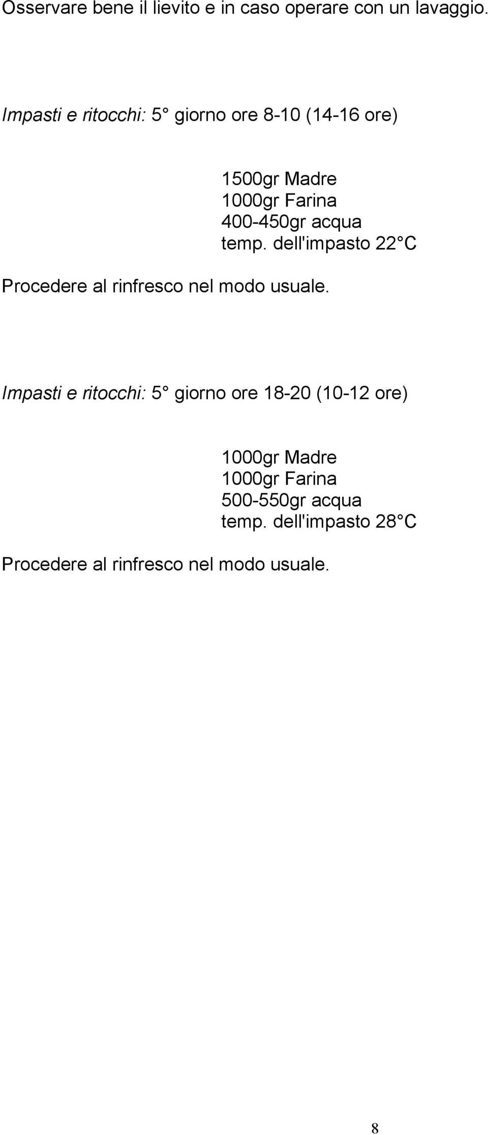 Madre 400-450gr acqua Impasti e ritocchi: 5 giorno ore 18-20