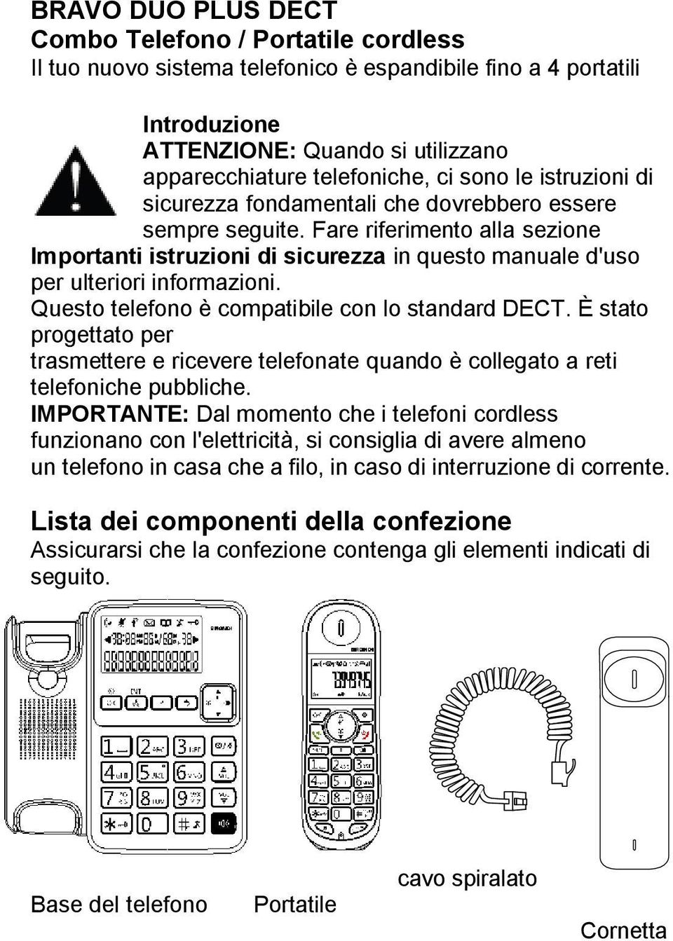 Questo telefono è compatibile con lo standard DECT. È stato progettato per trasmettere e ricevere telefonate quando è collegato a reti telefoniche pubbliche.