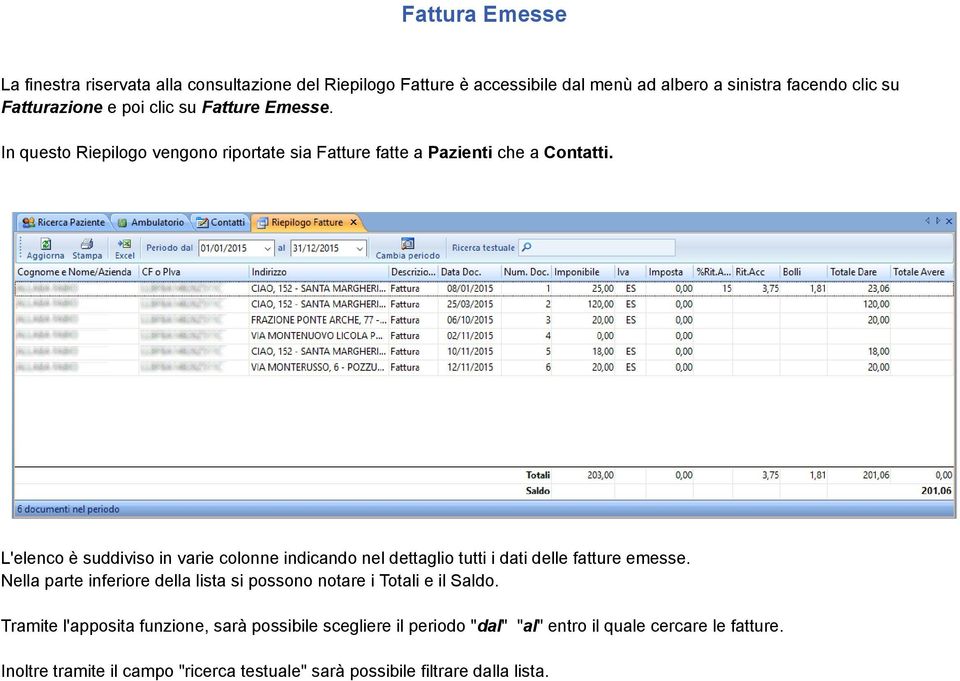 L'elenco è suddiviso in varie colonne indicando nel dettaglio tutti i dati delle fatture emesse.