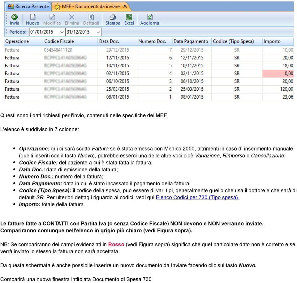 esserci una delle altre voci cioè Variazione, Rimborso o Cancellazione; Codice Fiscale: del paziente a cui è stata fatta la fattura; Data Doc.: data di emissione della fattura; Numero Doc.
