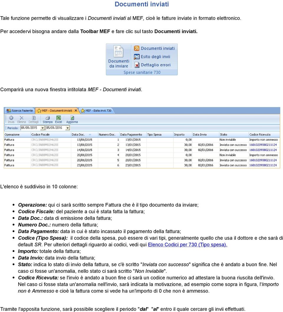L'elenco è suddiviso in 10 colonne: Operazione: qui ci sarà scritto sempre Fattura che è il tipo documento da inviare; Codice Fiscale: del paziente a cui è stata fatta la fattura; Data Doc.