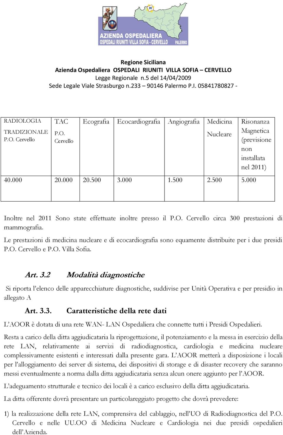 Le prestazioni di medicina nucleare e di ecocardiografia sono equamente distribuite per i due presidi P.O. Cervello e P.O. Villa Sofia. Art. 3.