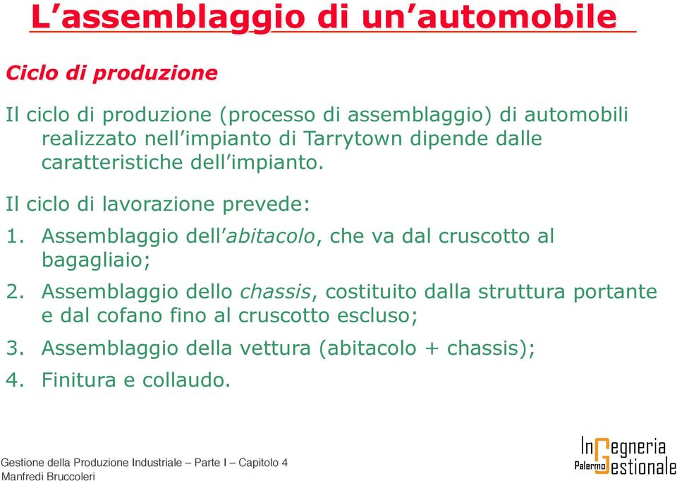 Assemblaggio dell abitacolo, che va dal cruscotto al bagagliaio; 2.