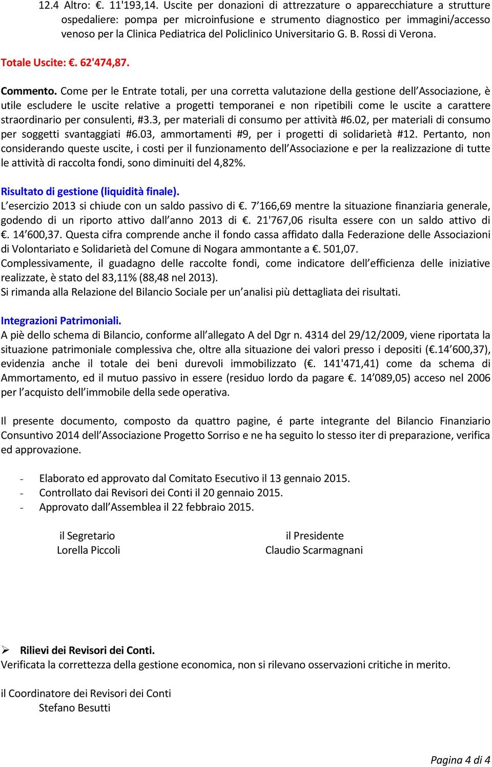 Universitario G. B. Rossi di Verona. Totale Uscite:. 62'474,87. Commento.