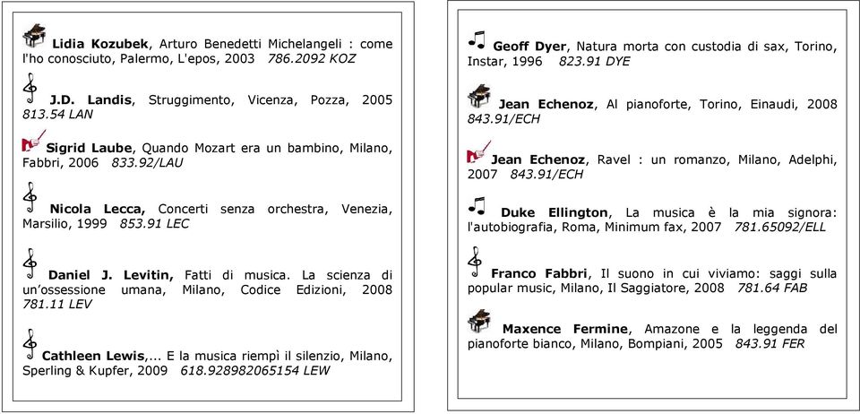 91/ECH Jean Echenoz, Ravel : un romanzo, Milano, Adelphi, 2007 843.91/ECH Nicola Lecca, Concerti senza orchestra, Venezia, Marsilio, 1999 853.