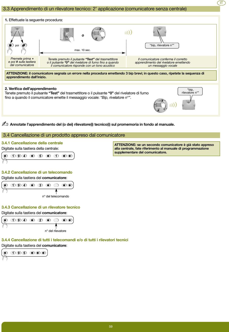 con un tono acustico Il comunicatore conferma il corretto apprendimento del rivelatore emettendo un messaggio vocale ATTENZIONE: il comunicatore segnala un errore nella procedura emettendo 3 bip