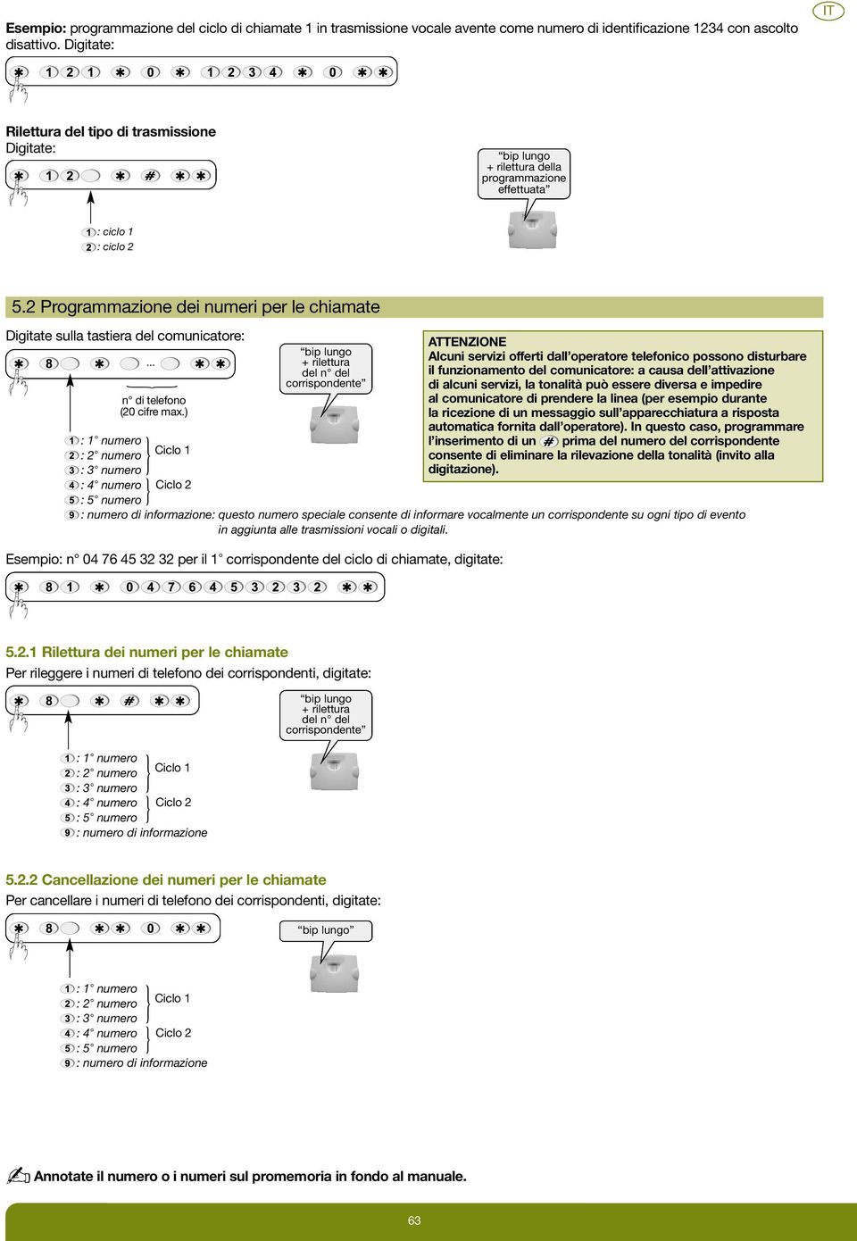 2 Programmazione dei numeri per le chiamate Digitate sulla tastiera del comunicatore:... { bip lungo + rilettura del n del corrispondente n di telefono (2 cifre max.