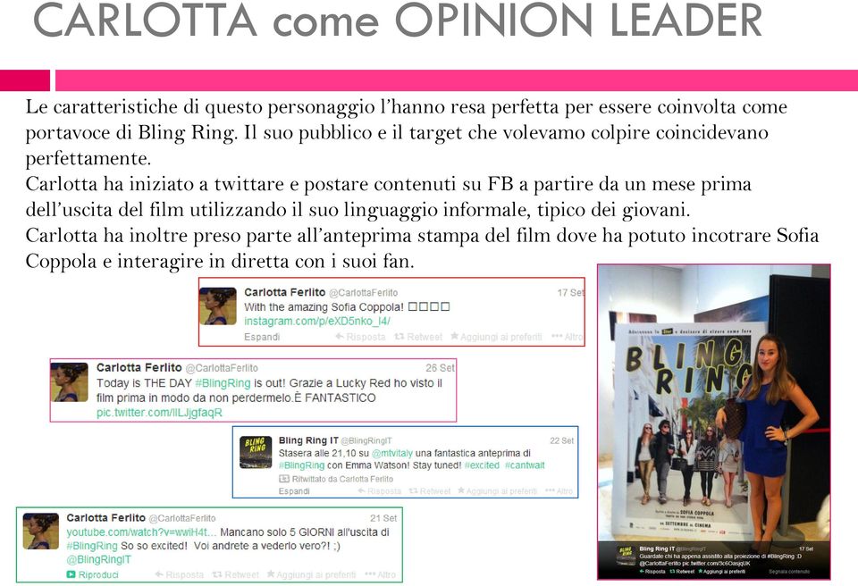 Carlotta ha iniziato a twittare e postare contenuti su FB a partire da un mese prima dell uscita del film utilizzando il suo