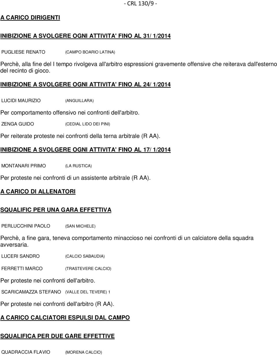 INIBIZIONE A SVOLGERE OGNI ATTIVITA' FINO AL 24/ 1/2014 LUCIDI MAURIZIO (ANGUILLARA) Per comportamento offensivo nei confronti dell'arbitro.