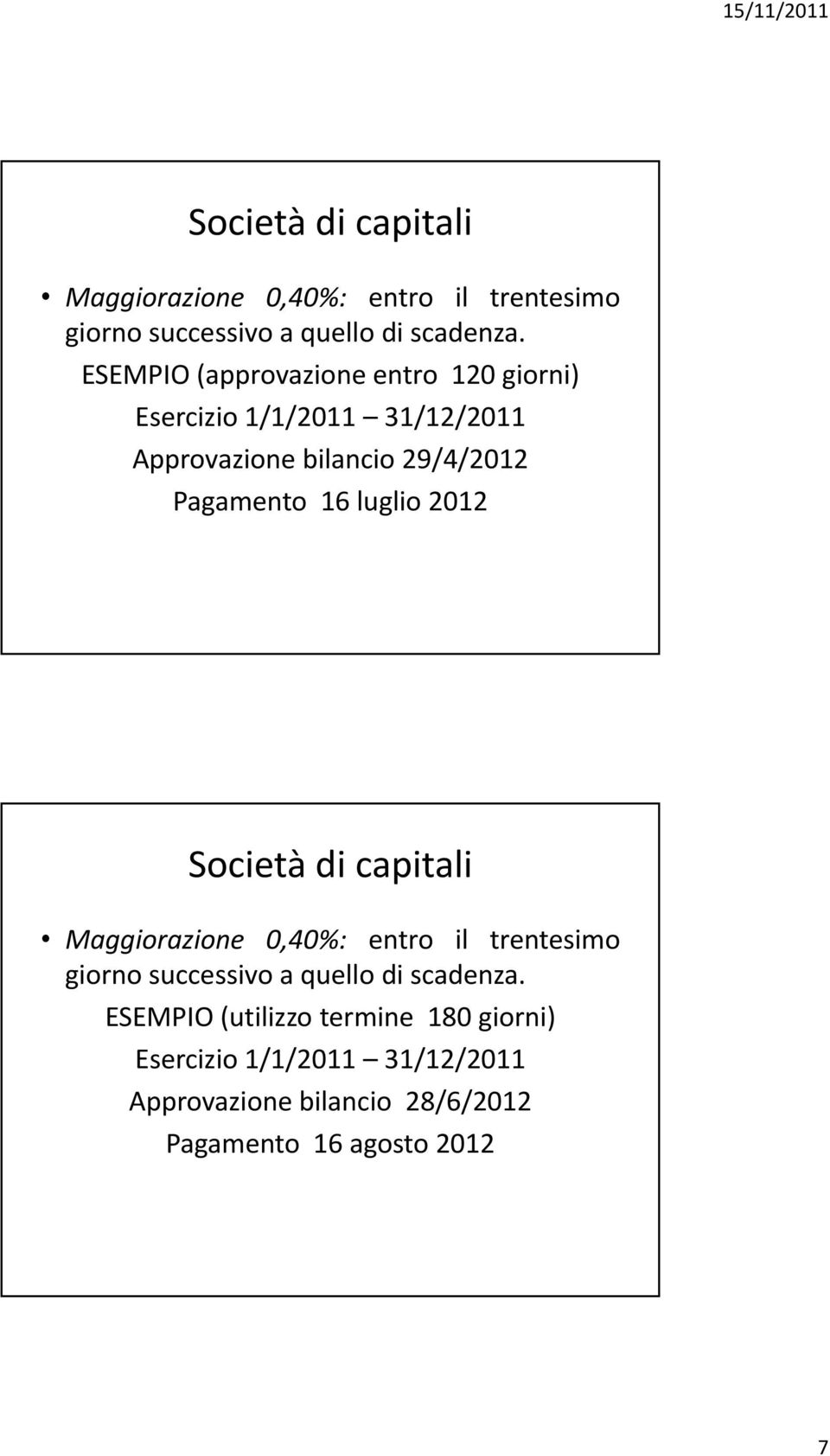 Pagamento 16 luglio 2012  ESEMPIO (utilizzo termine 180 giorni) Esercizio 1/1/2011 31/12/2011