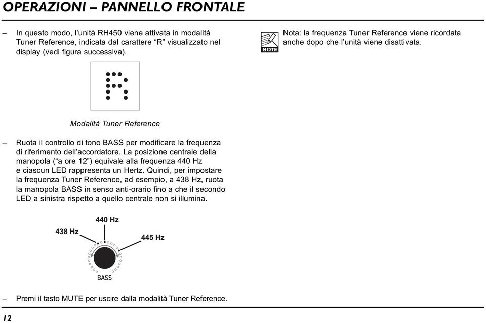 Modalità Tuner Reference Ruota il controllo di tono BASS per modificare la frequenza di riferimento dell accordatore.