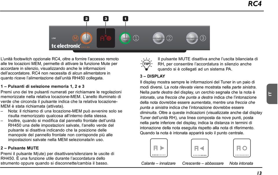 1 Pulsanti di selezione memoria 1, 2 e 3 Premi uno dei tre pulsanti numerati per richiamare le regolazioni memorizzate nella relativa locazione-mem.