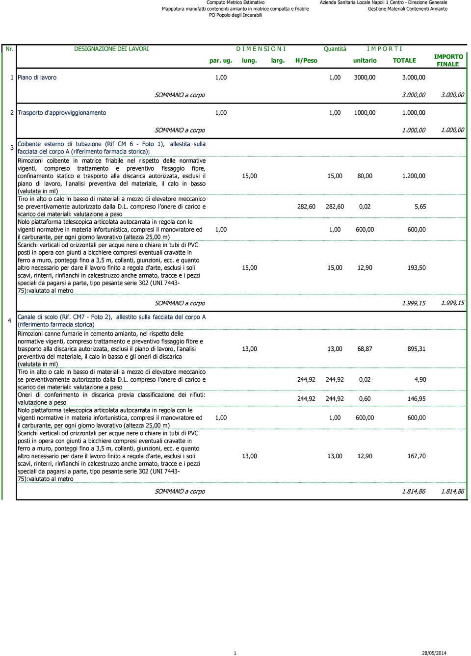 000,00 3 Coibente esterno di tubazione (Rif CM 6 - Foto 1), allestita sulla facciata del A (riferimento farmacia storica); Rimozioni coibente in matrice friabile nel rispetto delle normative vigenti,