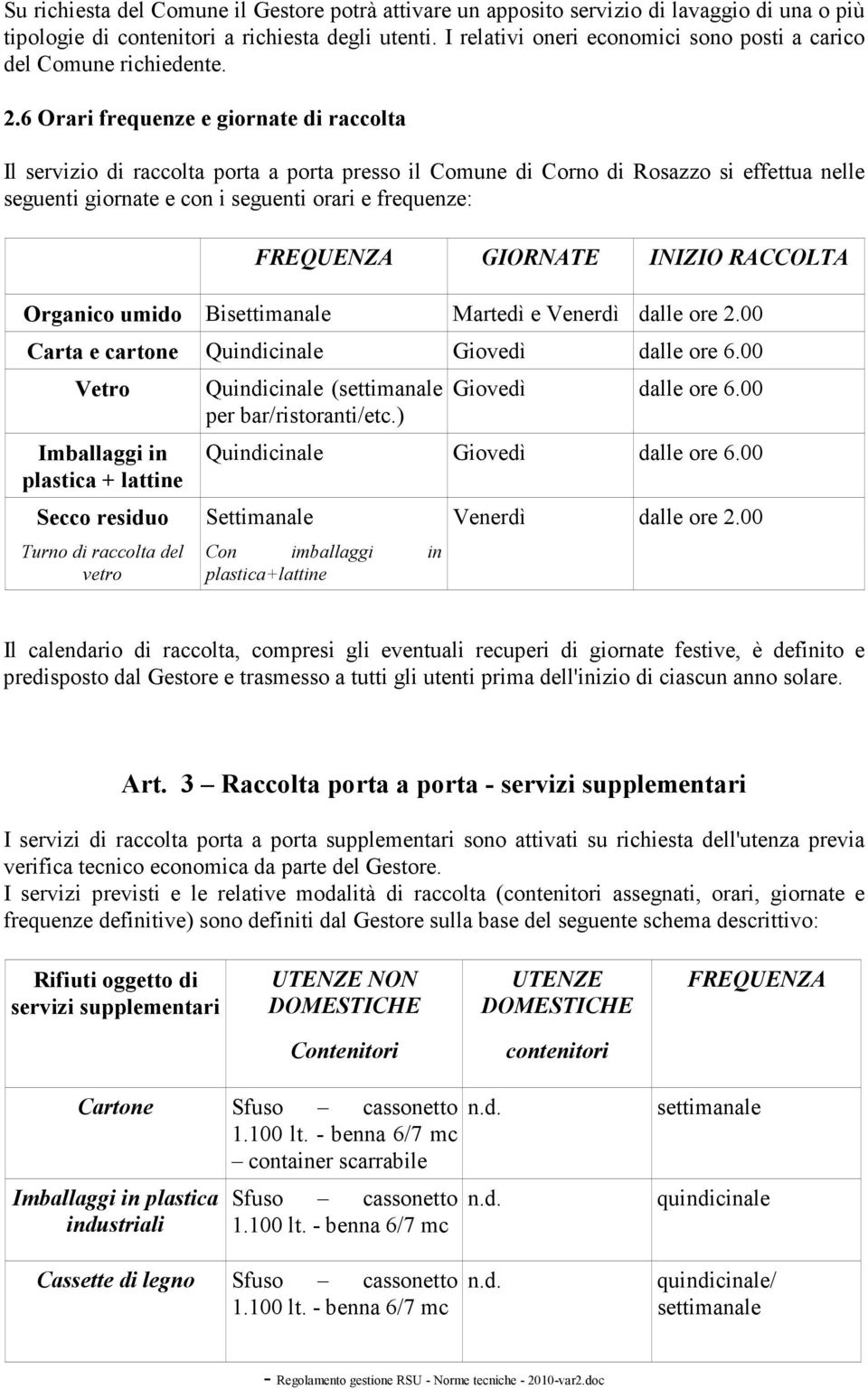 6 Orari frequenze e giornate di raccolta Il servizio di raccolta porta a porta presso il Comune di Corno di Rosazzo si effettua nelle seguenti giornate e con i seguenti orari e frequenze: FREQUENZA