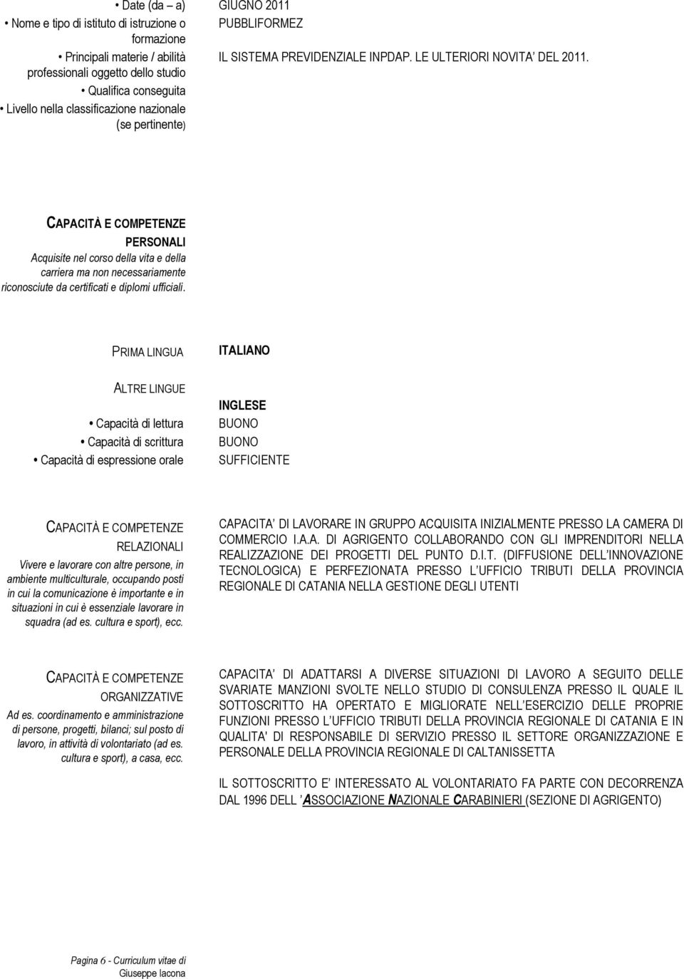 PRIMA LINGUA ITALIANO ALTRE LINGUE Capacità di lettura Capacità di scrittura Capacità di espressione orale INGLESE BUONO BUONO SUFFICIENTE CAPACITÀ E COMPETENZE RELAZIONALI Vivere e lavorare con