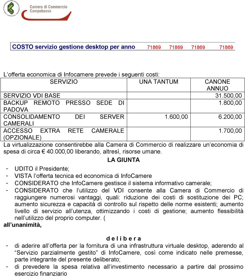 700,00 (OPZIONALE) La virtualizzazione consentirebbe alla Camera di Commercio di realizzare un economia di spesa di circa 40.000,00 liberando, altresì, risorse umane.