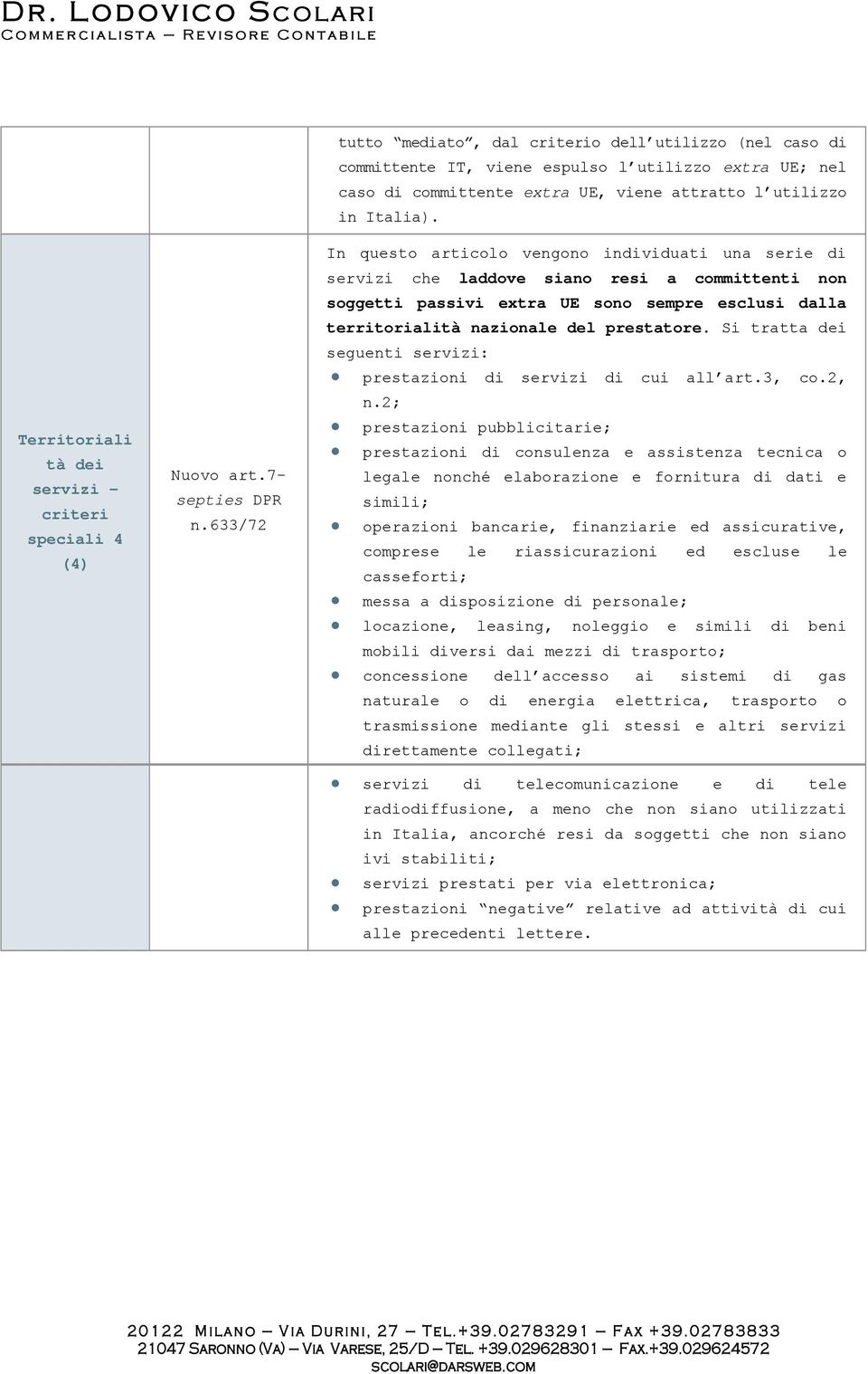 633/72 In questo articolo vengono individuati una serie di servizi che laddove siano resi a committenti non soggetti passivi extra UE sono sempre esclusi dalla territorialità nazionale del prestatore.