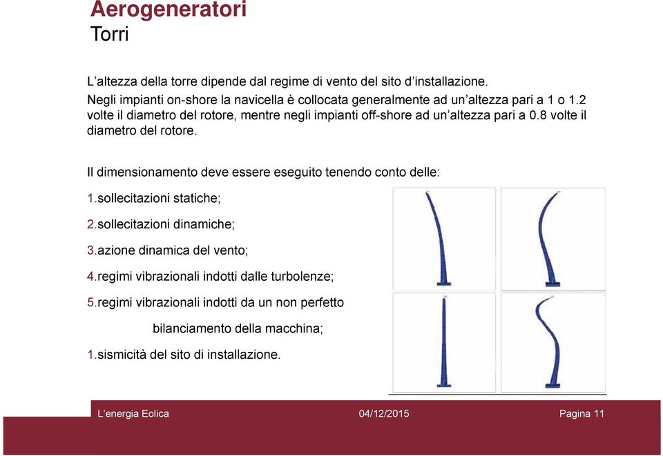 2 volte il diametro del rotore, mentre negli impianti off-shore ad un altezza pari a 0.8 volte il diametro del rotore.