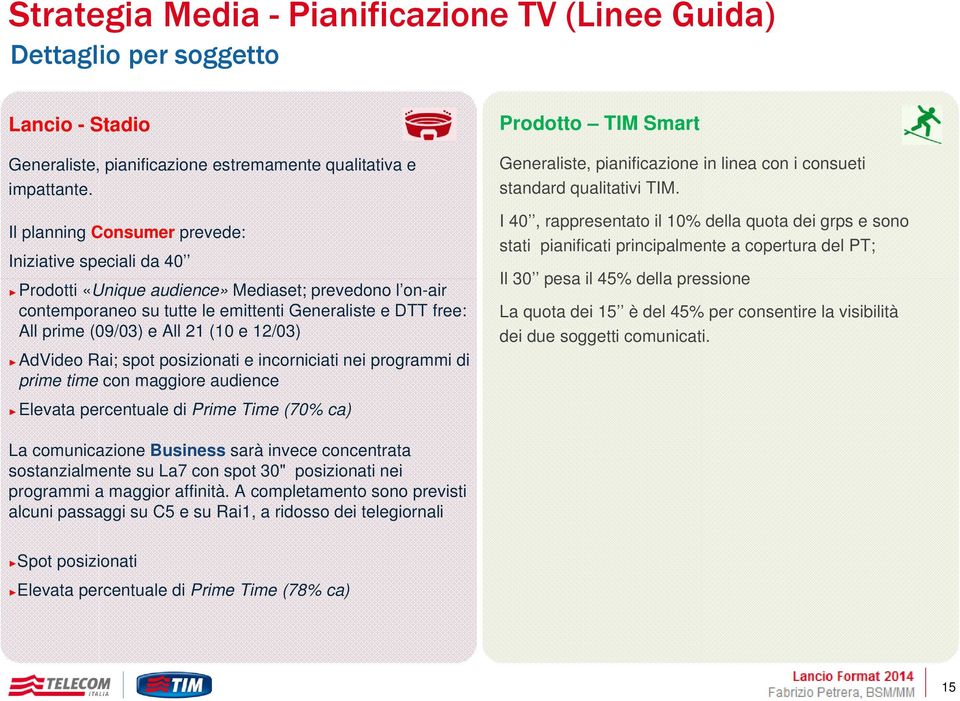 (10 e 12/03) AdVideo Rai; spot posizionati e incorniciati nei programmi di prime time con maggiore audience Elevata percentuale di Prime Time (70% ca) Prodotto TIM Smart Generaliste, pianificazione