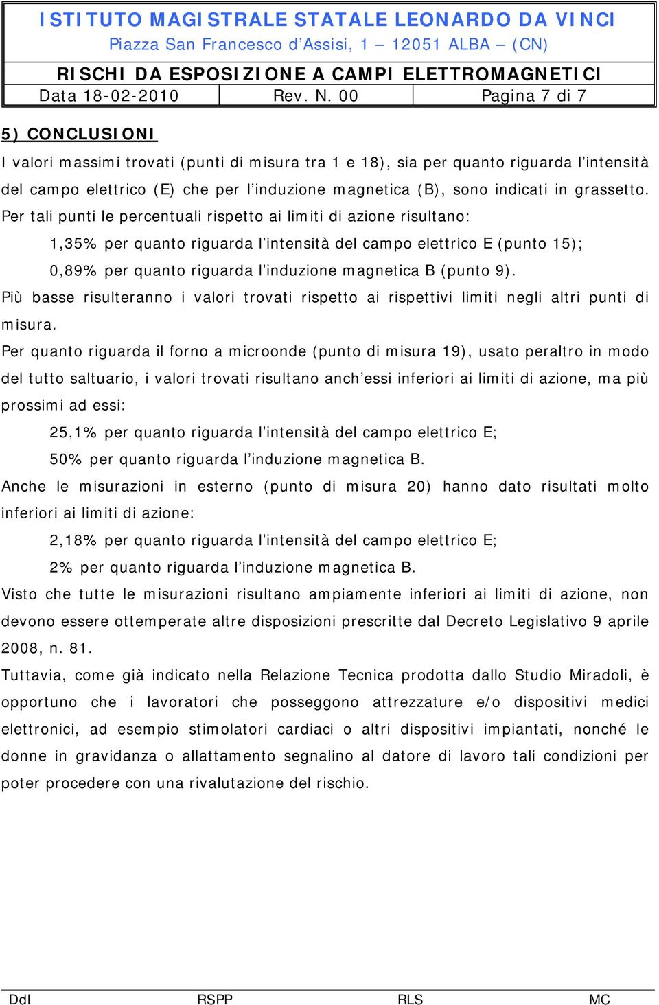 Per tali punti le percentuali rispetto ai limiti di azione risultano: 1,35% per quanto riguarda l intensità del campo E (punto 15); 0,89% per quanto riguarda l induzione magnetica B (punto 9).