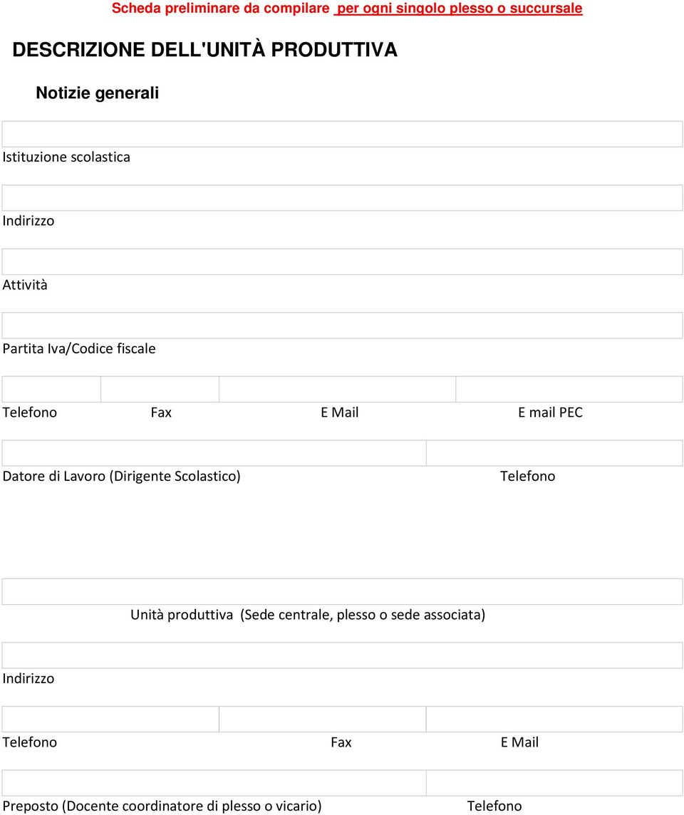 Mail E mail PEC Datore di Lavoro (Dirigente Scolastico) Telefono Unità produttiva (Sede centrale, plesso