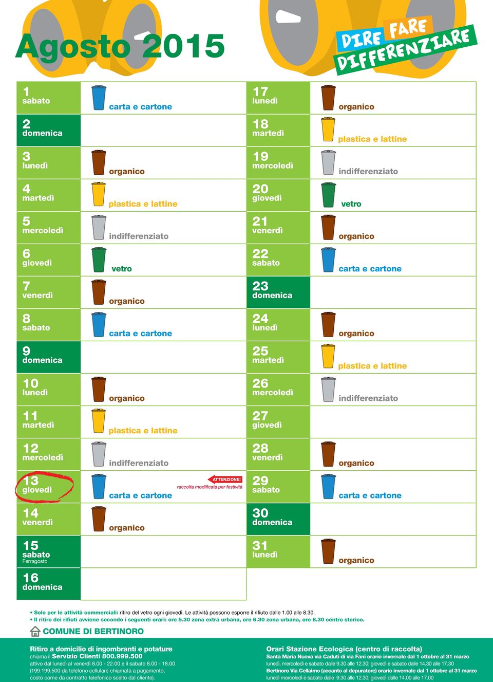 commerciali: ritiro del vetro ogni. Le attività possono esporre il rifiuto dalle 1.00 alle 8.30.
