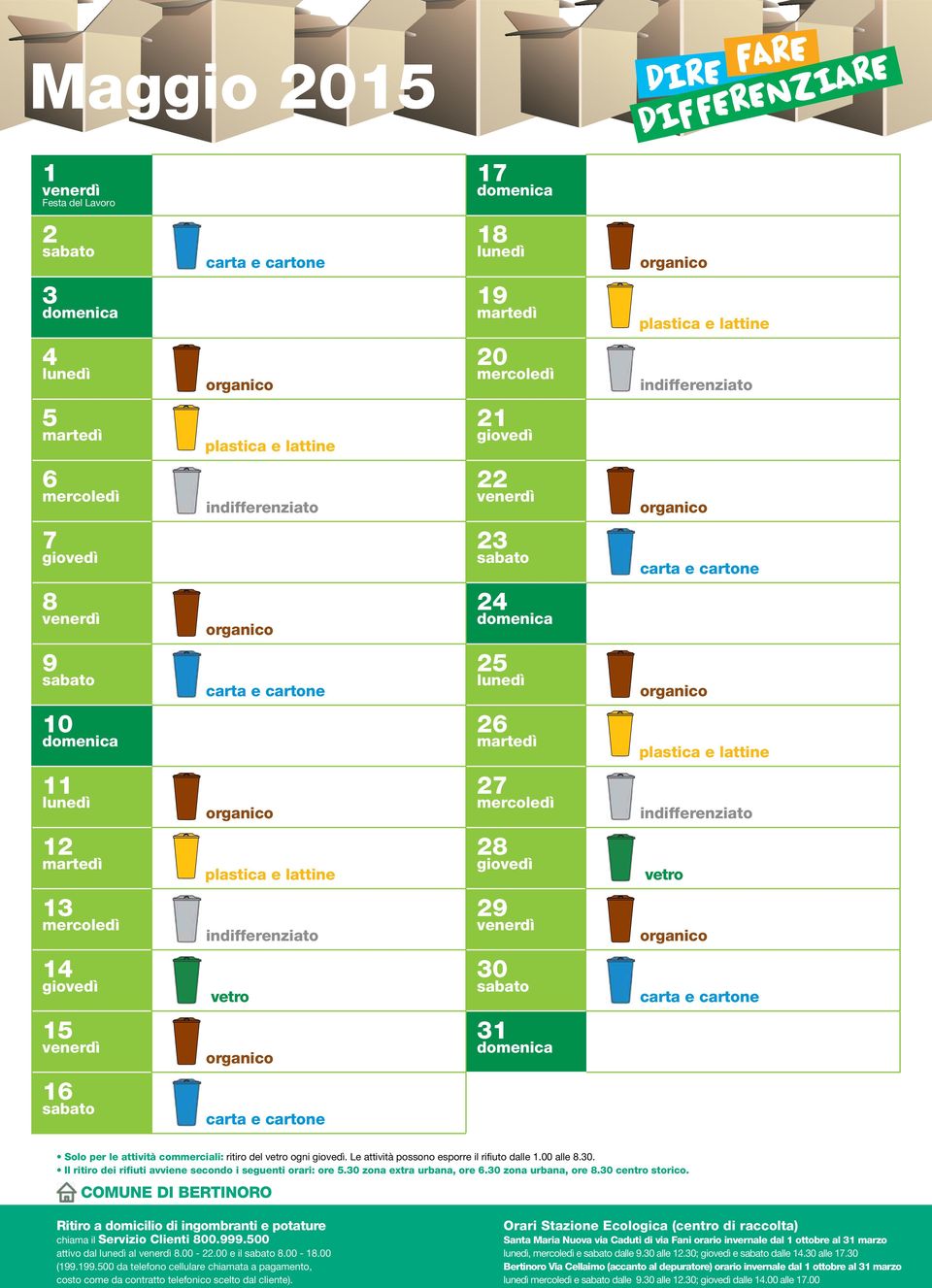 commerciali: ritiro del vetro ogni. Le attività possono esporre il rifiuto dalle 1.00 alle 8.30.