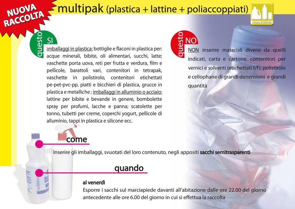 plastica e metalliche ; imballaggi in alluminio o acciaio: lattine per bibite e bevande in genere, bombolette spray per profumi, lacche e panna; scatolette per tonno, tubetti per creme, coperchi