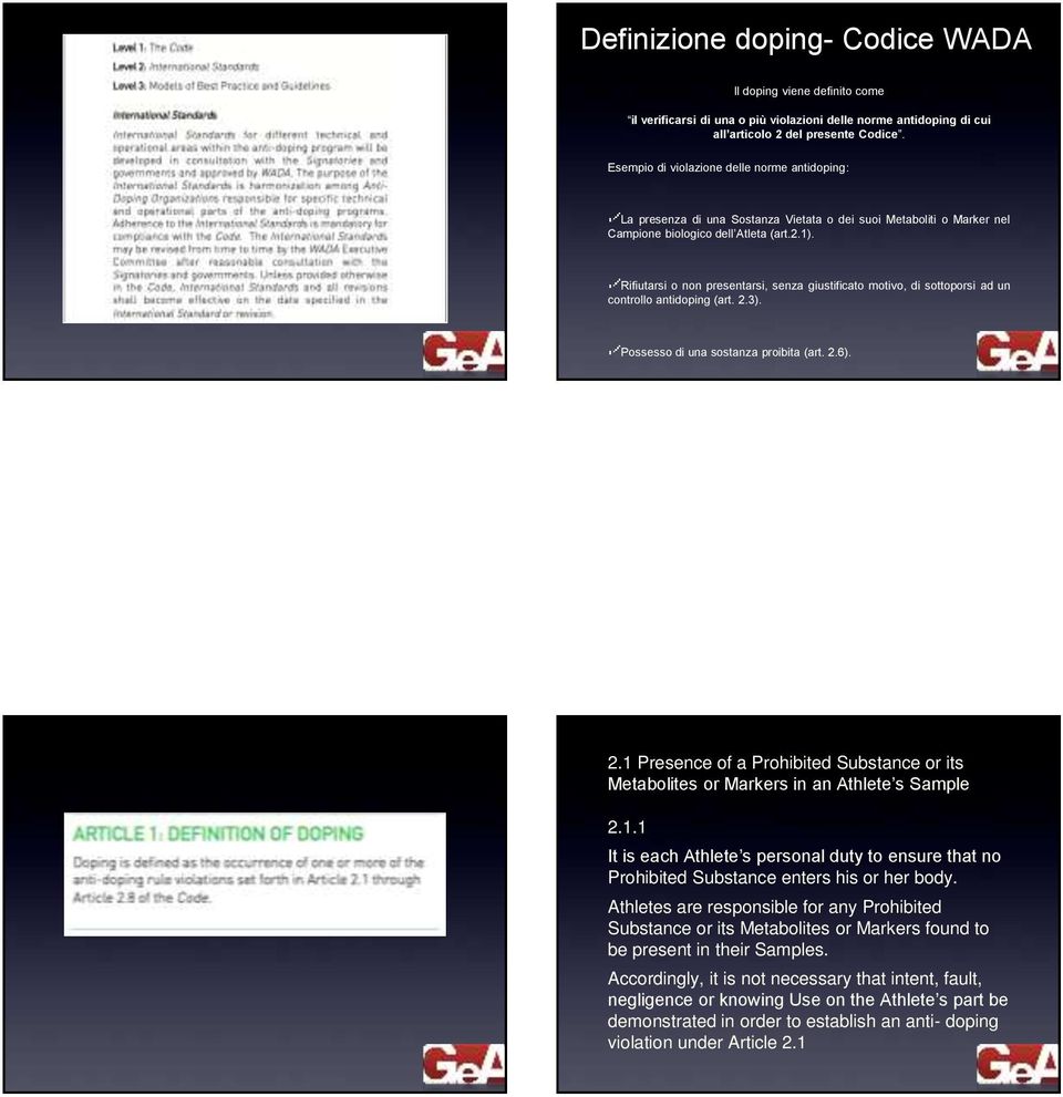 Rifiutarsi o non presentarsi, senza giustificato motivo, di sottoporsi ad un controllo antidoping (art. 2.3). Possesso di una sostanza proibita (art. 2.6). 2.1 Presence of a Prohibited Substance or its Metabolites or Markers in an Athlete s Sample 2.