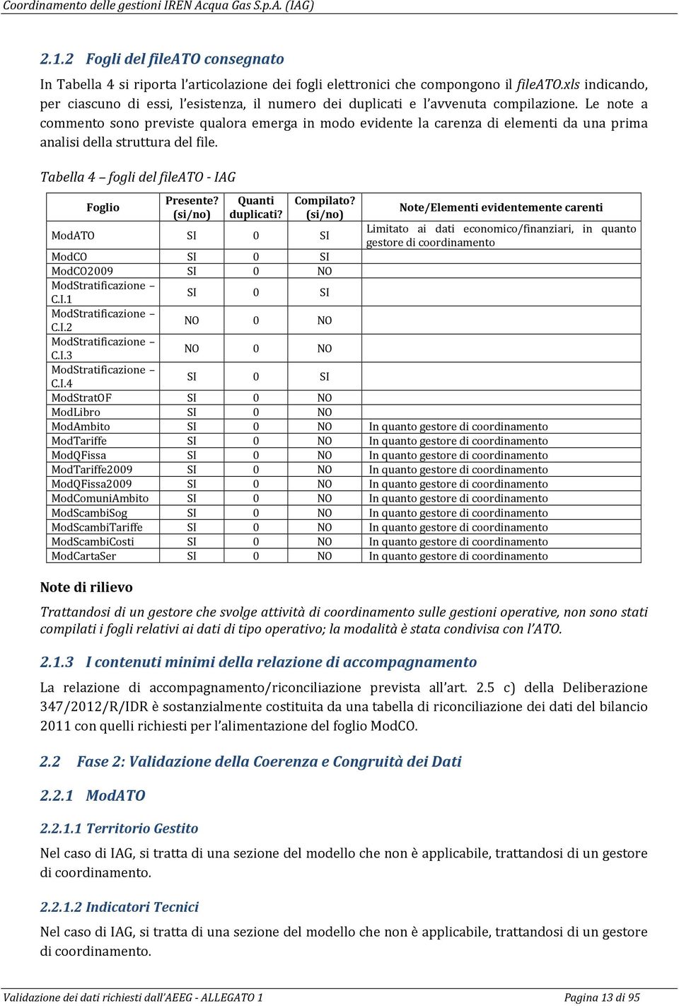 Le note a commento sono previste qualora emerga in modo evidente la carenza di elementi da una prima analisi della struttura del file. Tabella 4 fogli del fileato - IAG Foglio Presente?