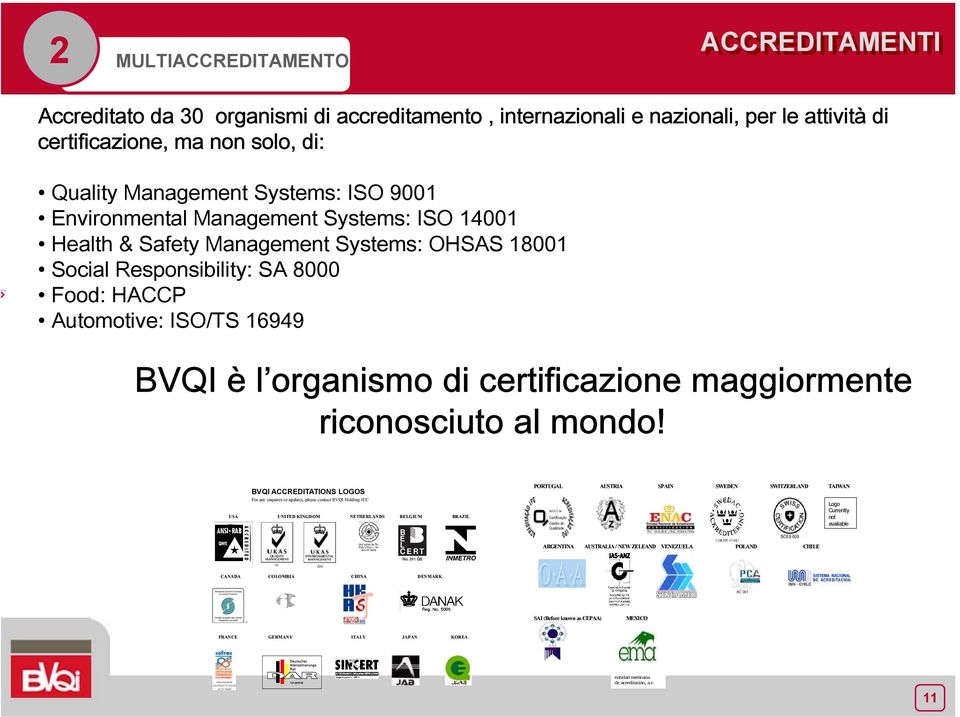 certificazione maggiormente riconosciuto al mondo! BVQI ACCREDITATIONS LOGOS For any enquires or updates, please contact BVQI Holding ICC USA UNITED KINGDOM NETHERLANDS BELGIUM BRAZIL B E L CERT No.