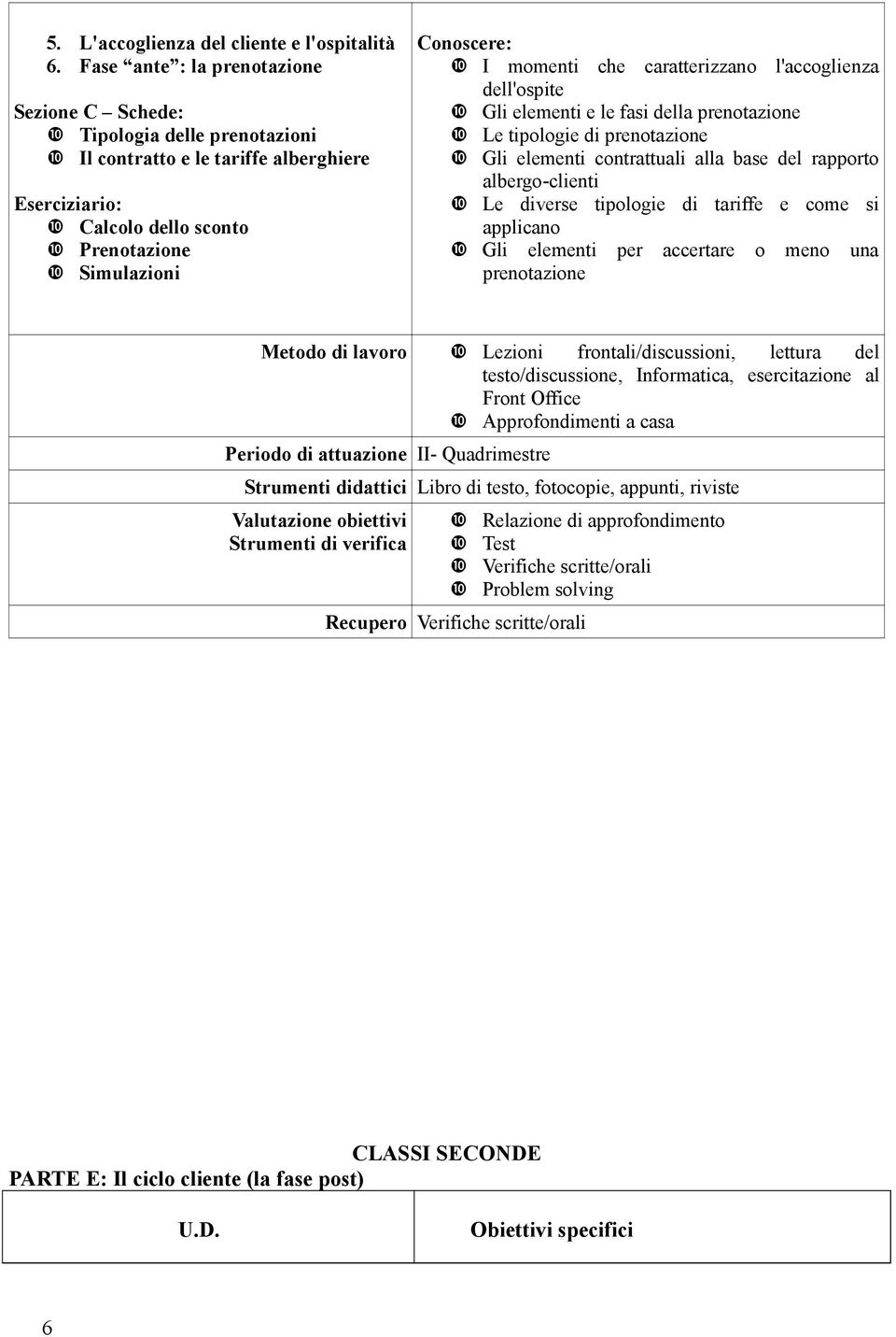 caratterizzano l'accoglienza dell'ospite Gli elementi e le fasi della prenotazione Le tipologie di prenotazione Gli elementi contrattuali alla base del rapporto albergo-clienti Le diverse tipologie