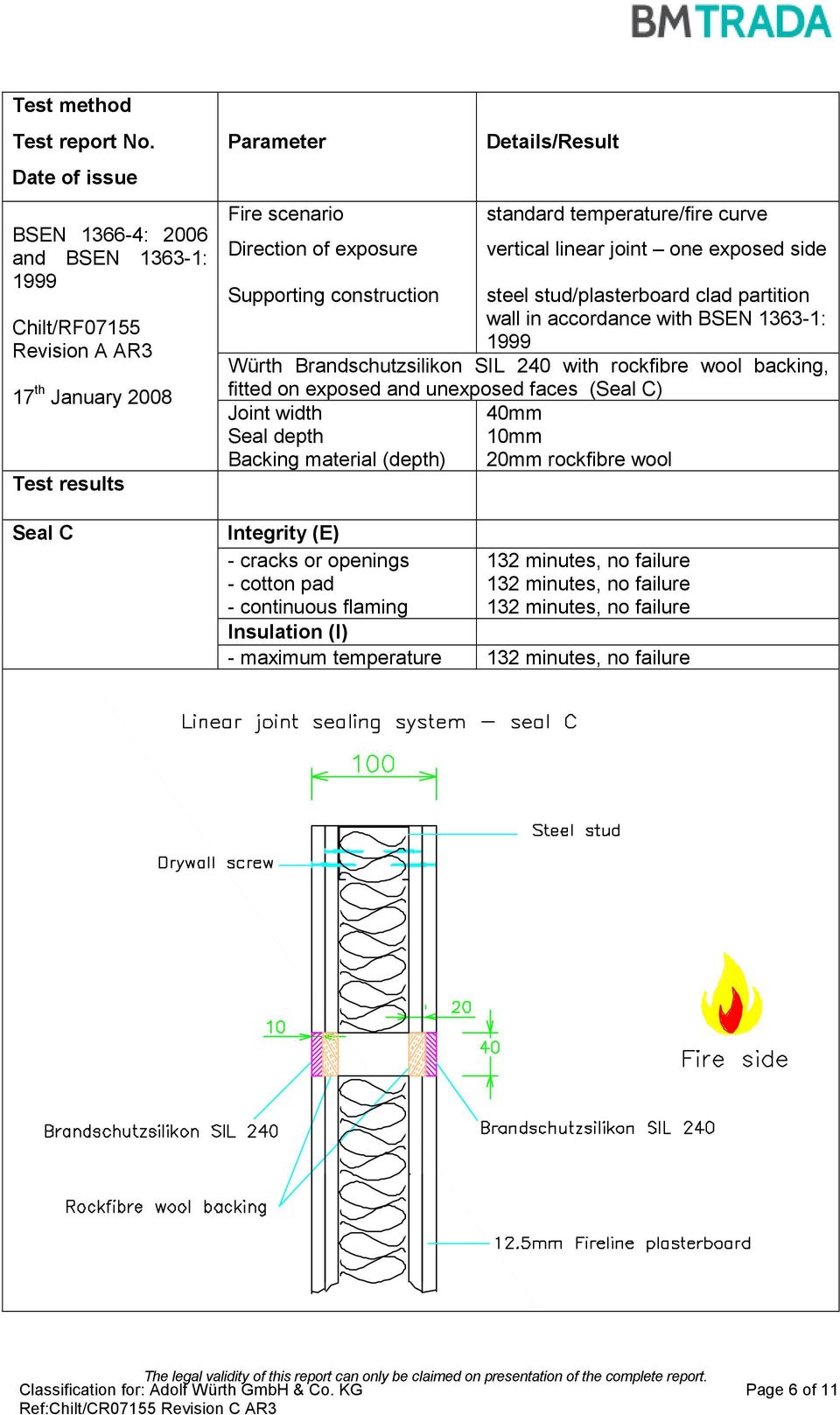 temperature/fire curve vertical linear joint one exposed side Supporting construction steel stud/plasterboard clad partition wall in accordance with BSEN 1363-1: 1999 Würth Brandschutzsilikon SIL 240